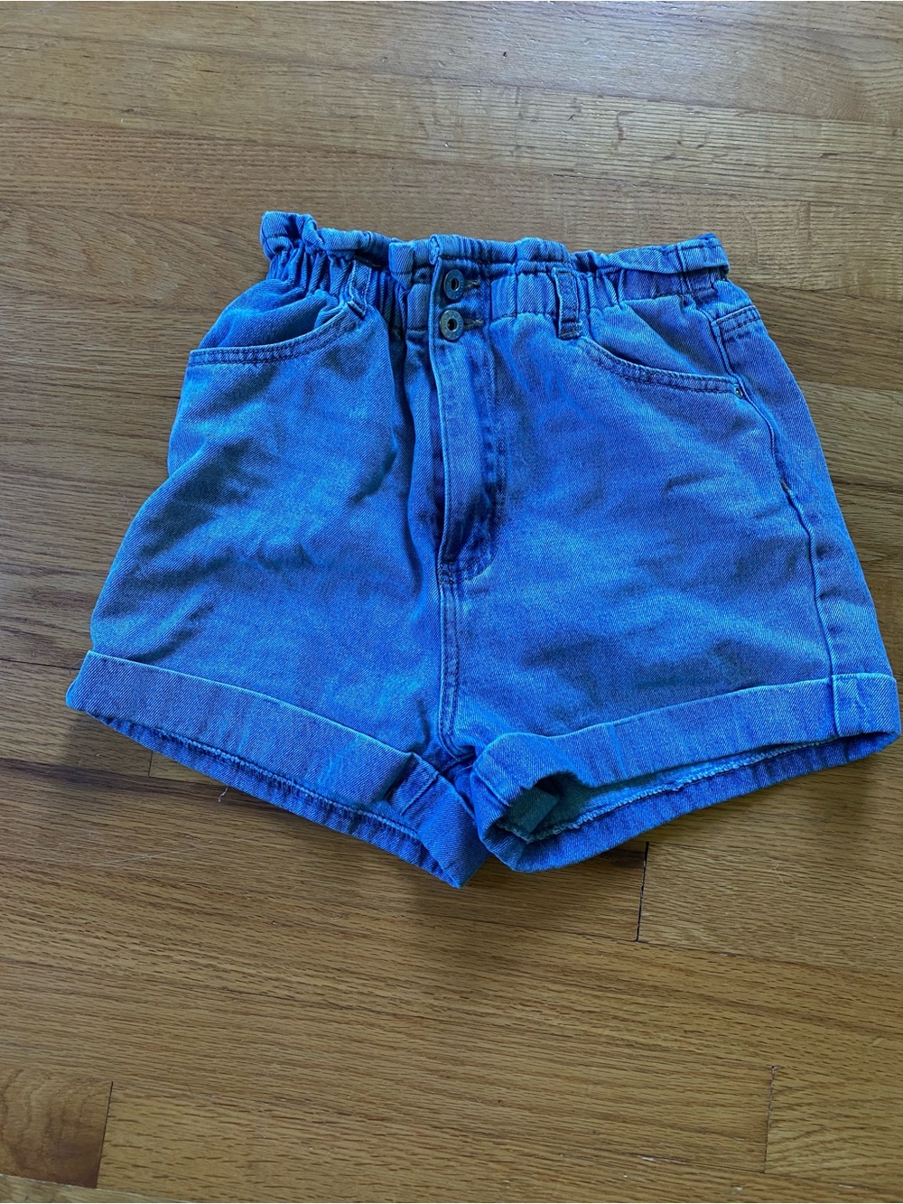 High-Waist Rolled Hem Denim Shorts - Blue